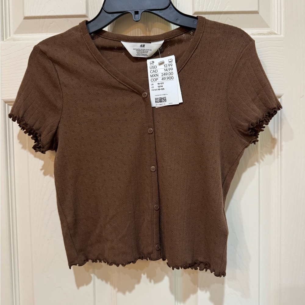 Brown Button-Up Short Sleeve Top